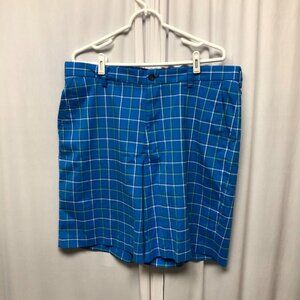 IZOD Xtreme Function Golf Shorts Mens Size 36 Blue Green Plaid Flat Front Casual